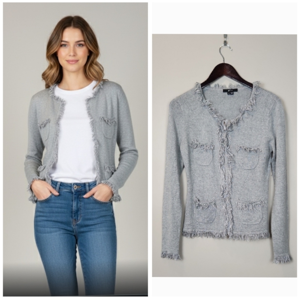 E by Eci Gray Fringed Silk and Angora Sweater Cardigan Size Medium